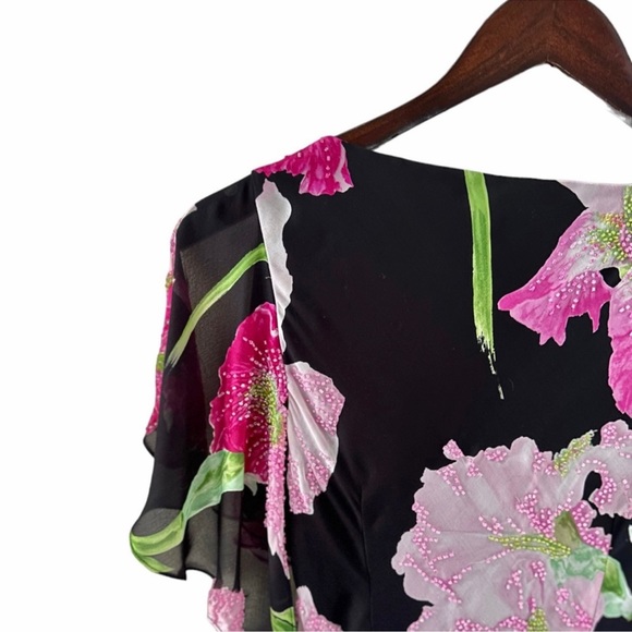 Carmen Marc Valvo Black Floral Print Draped Neck Embellished Silk Top Size 4 - Picture 7 of 8